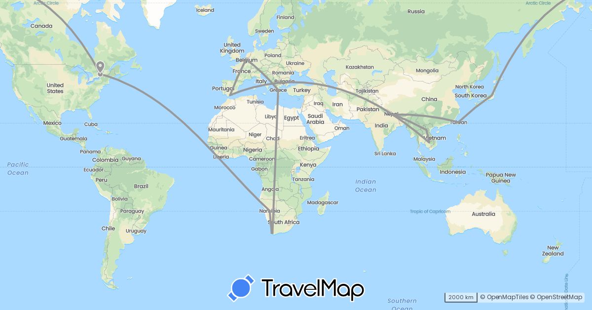 TravelMap itinerary: driving, plane in Belgium, Canada, Spain, Greece, Japan, Cambodia, Laos, Namibia, Nepal, Taiwan, South Africa (Africa, Asia, Europe, North America)